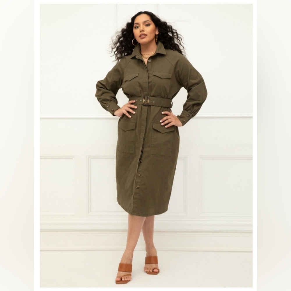 Elloqui green twill shirt dress